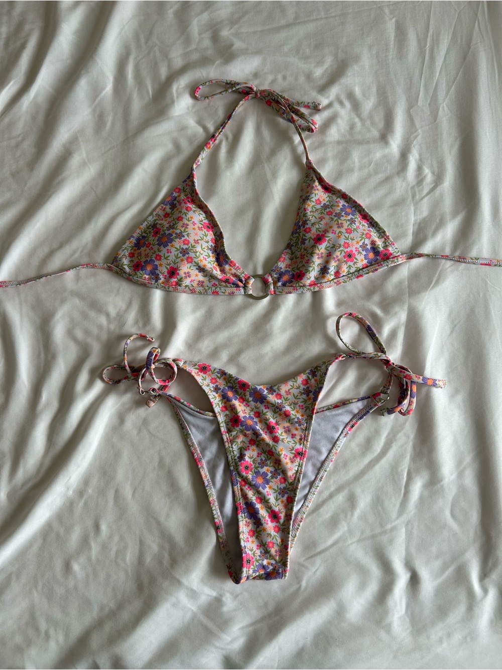 Floral Tie-Side Triangle Bikini Set - Pink Multi